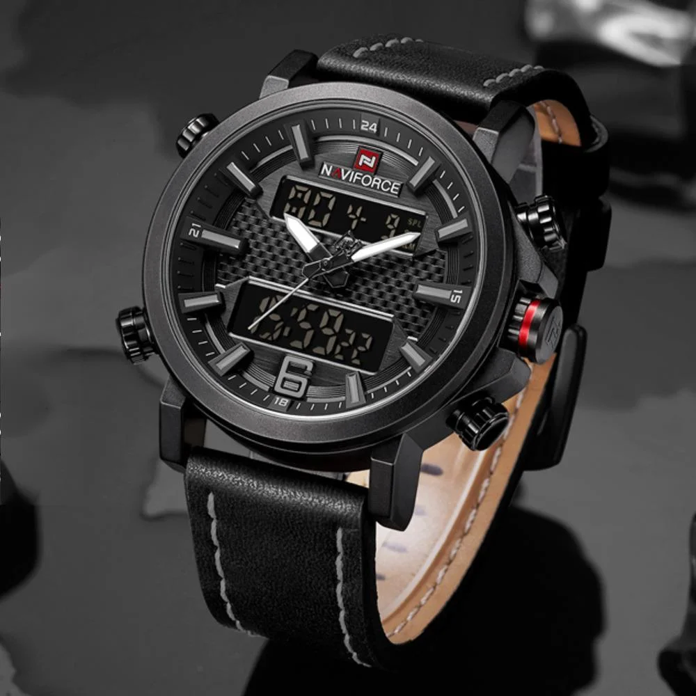 Dual Display Quartz Watch For Men Digital Clock Luxury Casual Waterproof Clock Luminous Leather Strap Men Watch Reloj Hombre