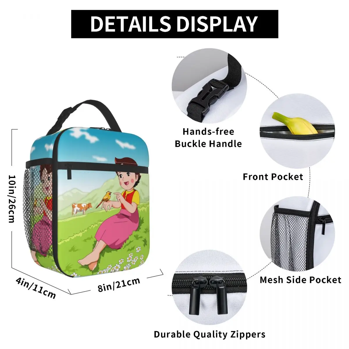 Heidi Tames A Bird Resuable Lunch Box Leakproof Cartoon Alps Mountain Girl Thermal Cooler Food Insulated Lunch Bag School Kids