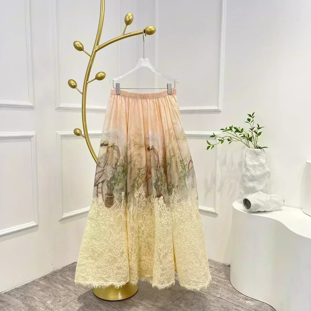 

Женская кружевная юбка средней длины, бежевая винтажная юбка из шелка и льна с эластичным поясом и рюшами, 2023