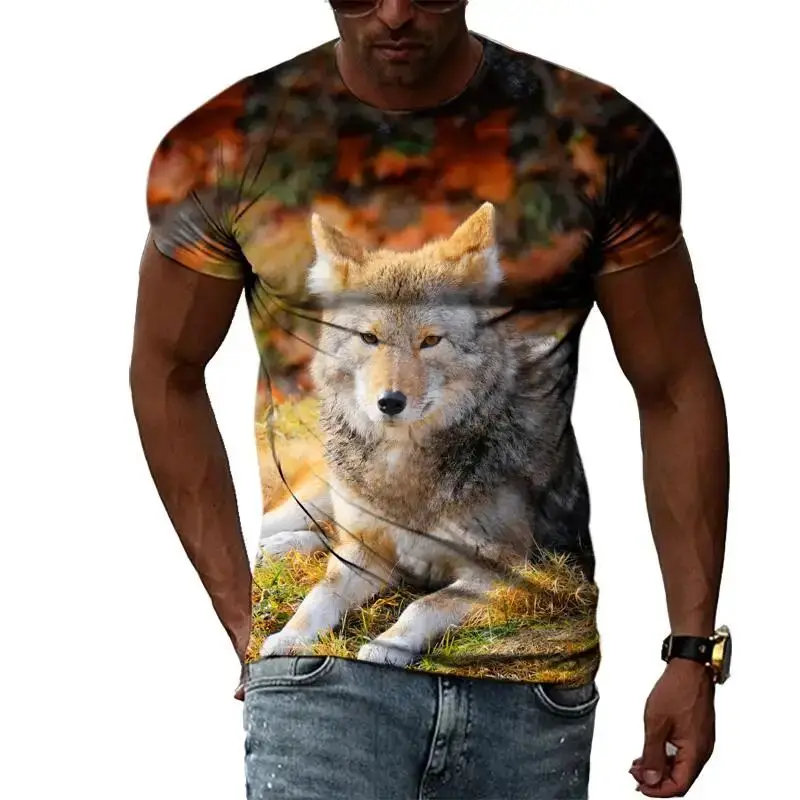 

Summer Men's Fashion 3d Printed Animal Wolf Graphics Fun Casual O Collar Short Sleeve Loose Harajuku Plus Size Personality Top