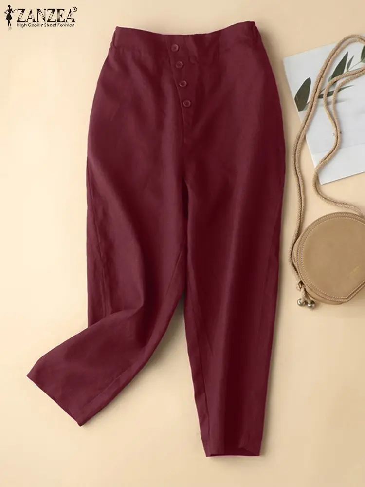 

Винтажные однотонные брюки ZANZEA с эластичным поясом, осенние брюки-султанки, женские модные хлопковые брюки, Повседневная Длинная уличная одежда Палаццо 2023