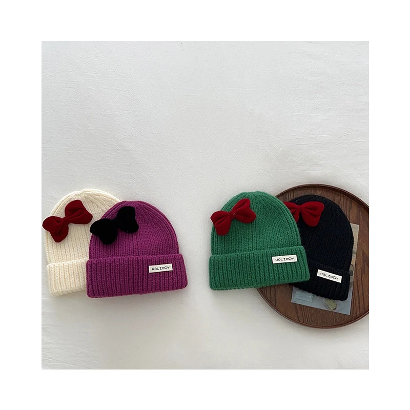 INS Korean Child Knitted Hat Solid Color With Bow Autumn Winter Warm Hat Boys And Girls Bonnet Fashion Headwear Children Caps