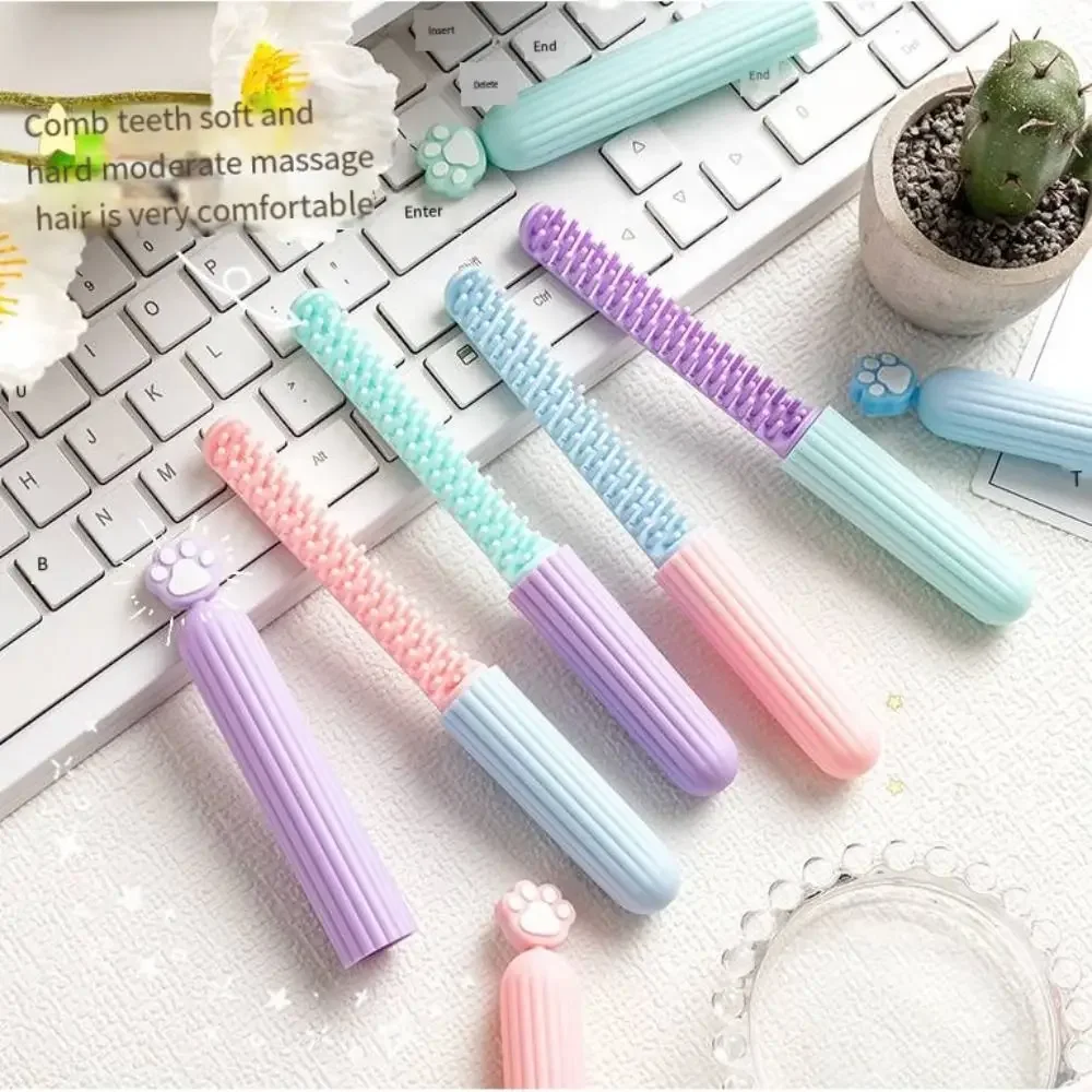 Women's Hair Brush Portable Cat Claw Macaron Color Cartoon Pen Comb Suitable for Domitory Travel Comb with Lid Girls