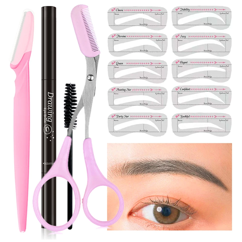

14pcs Makeup Eyebrow Trimmer Eyebrow Stencil Set Beauty Products for Women Stainless Steel Eyebrow Scissors Black Eyebrow Pen
