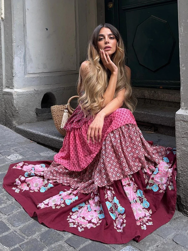 

Midi Vestidos Autumn Summer Casual Female Vacation A-Line Dresses Ruffles Print Tiered Dress Women Sexy Loose Patchwork Decor