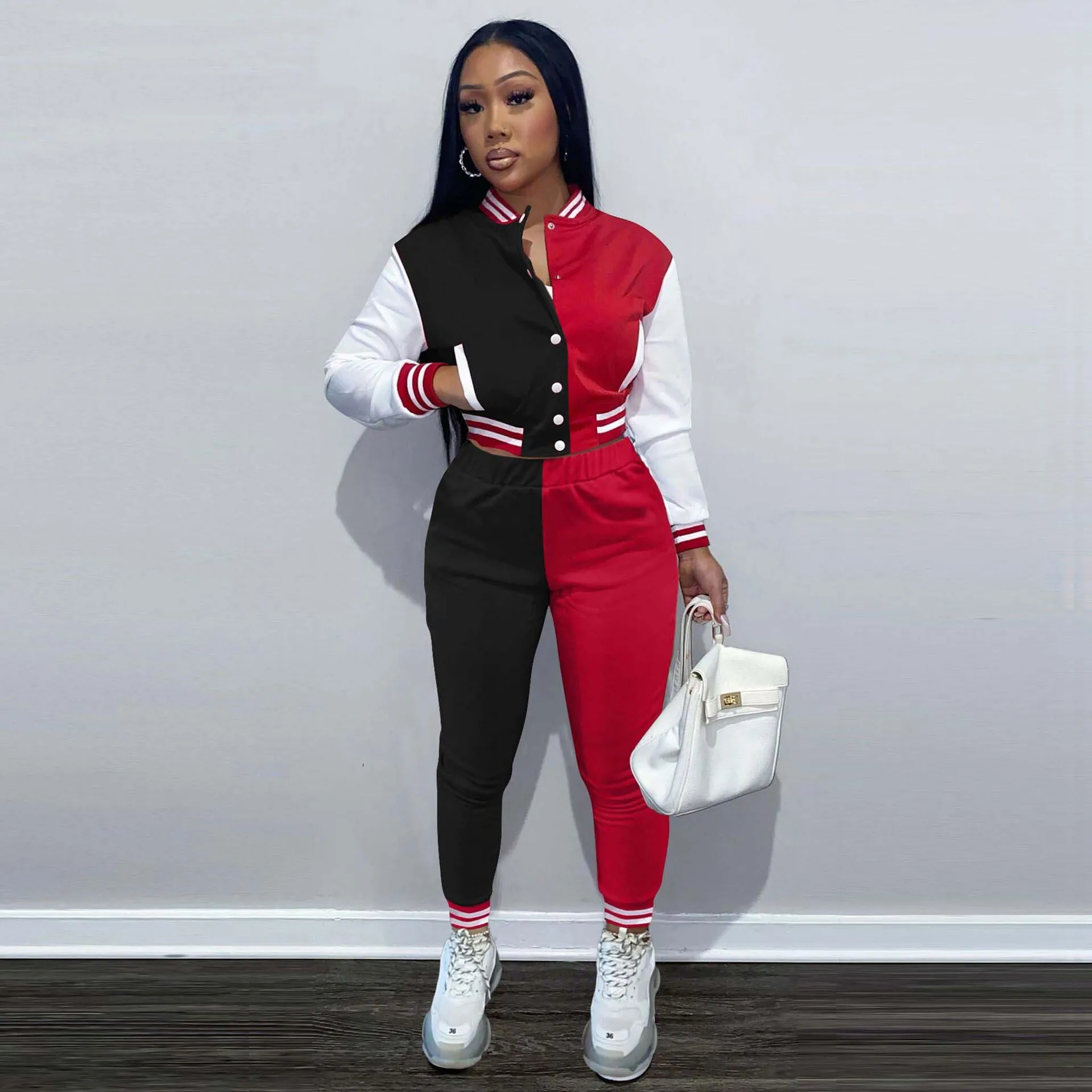 

Fall Women's Suit Casual Long-Sleeved Color-Matching Jacket And Slim Wide Corset Jogging Lady Sports Two-Piece Sets Outfits