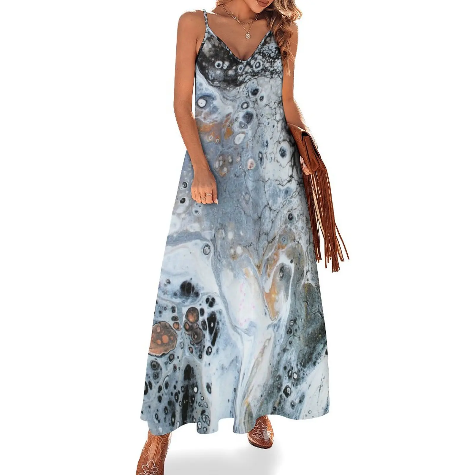 

Black Swirl Marble Acrylic Paint Pour by Everson Arts Sleeveless Dress dress women summer Long dress