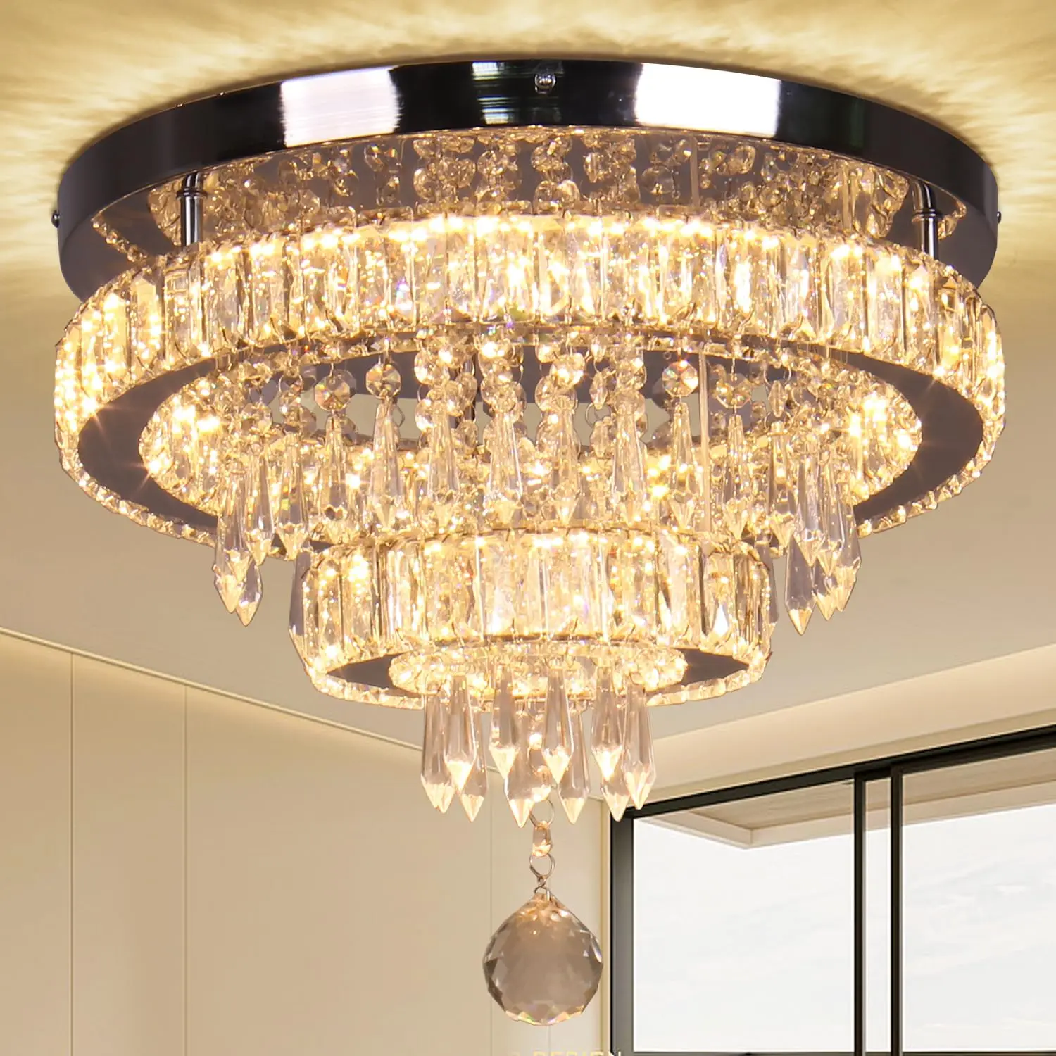 

Finktonglan 15.7" Modern Crystal Chandelier 2 Rings Crystal Ceiling Light Fixture Stainless Steel Semi-Flush Mount Ceiling Light