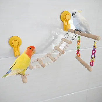 Suction Cup Wood Perch Toy Parrot Playstand Perch Gym Ladder Exercise Stand for Budgie Bluebirds Hummingbird