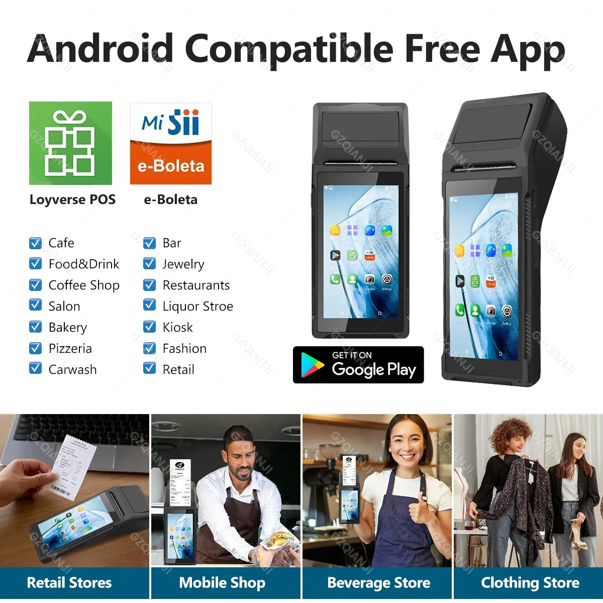 Black 5.45" Touch Screen PDA Device Supports 3G WiFi BT4.0 USB Bluetooth Handheld Loyverse POS Machine 58mm Terminal Printer