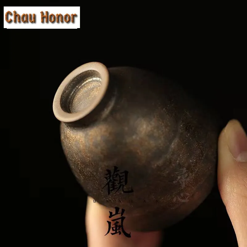 2pc/set Handmade Iron Guft Glazed Tea Cup Retro Thin Body Personal Cup Pu'er Master Tea Bowl Coarse Pottery Kung Fu Tea Set Gift