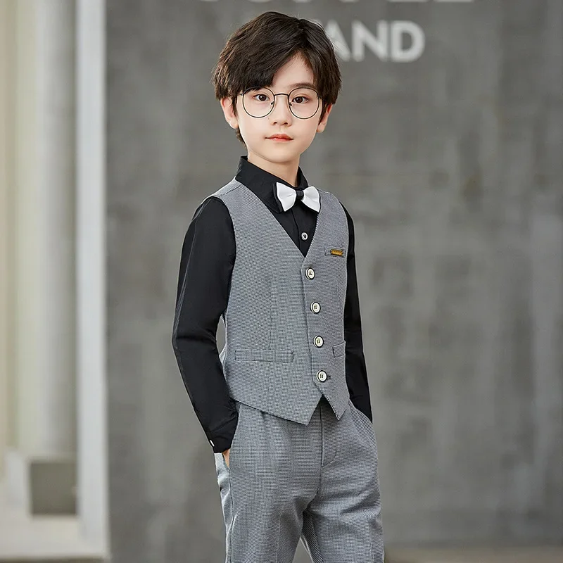 Gray Formal Baby Boy Suits Elegant Children School Uniform Gentleman New Year Kids Clothes Dresses Boy Wedding Outfits