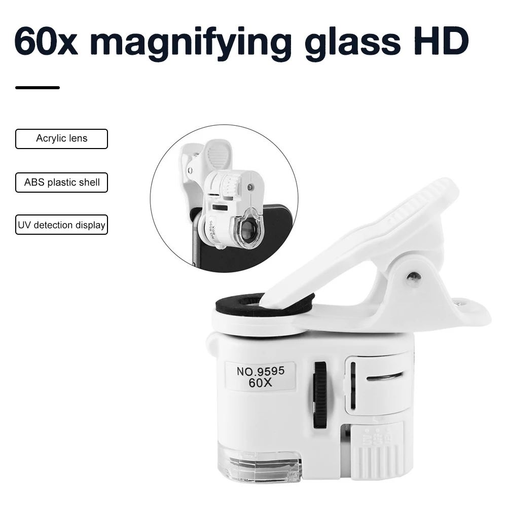 Universal Clip Microscope 60X LED Jewelry Magnifying Glass Cell Phone Clip Focusing Adjusted Pocket Microscope with UV Light digital microscope handheld microscope mini microscope pocket microscope magnifying glass