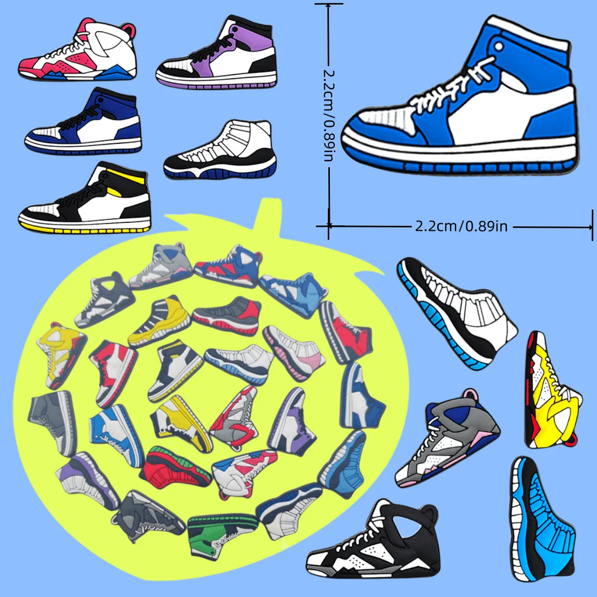 

1Pcs Sneakers Croc Charms Jibz Kids Accessories DIY Fit Clogs PVC Cool Basketball Shoe Decorations Buckle Adult Boys X-mas Gifts