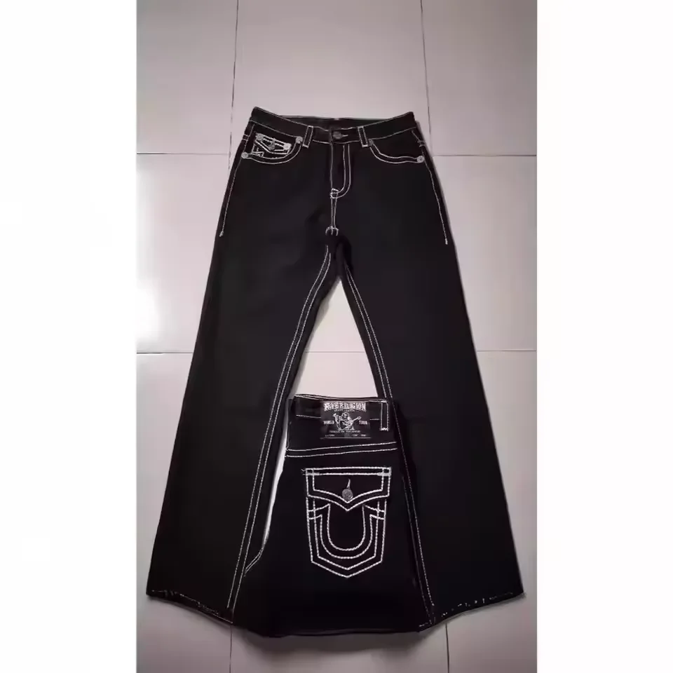 High Street Trendy Jeans White Thick Thread Buddha Religion Straight Casual Pants Men Wide Leg Pants  American Retro Style 2