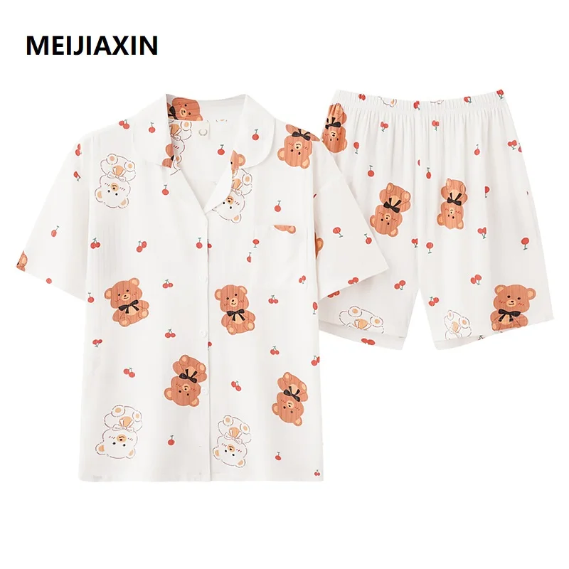 

Летний женский пижамный комплект из мультфильма, Модальная ночная рубашка с коротким рукавом и отложным воротником, кардиган, пижама, женская одежда для сна