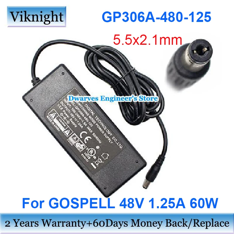 

Genuine For GOSPELL GP306A-480-125 Power Adapter 48V 1.25A 60W Laptop Charger 5.5x2.1mm