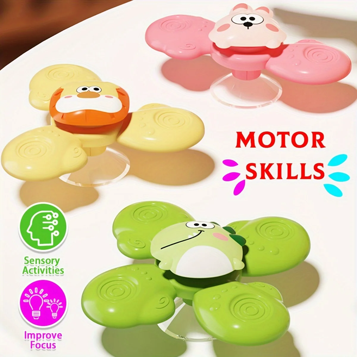 3pcs Suction Cup Spinning Top Toys, Suction Spinner Toys For Babies, Window Suction Toys For Baby High Chair Tray Bath Table Air - 4