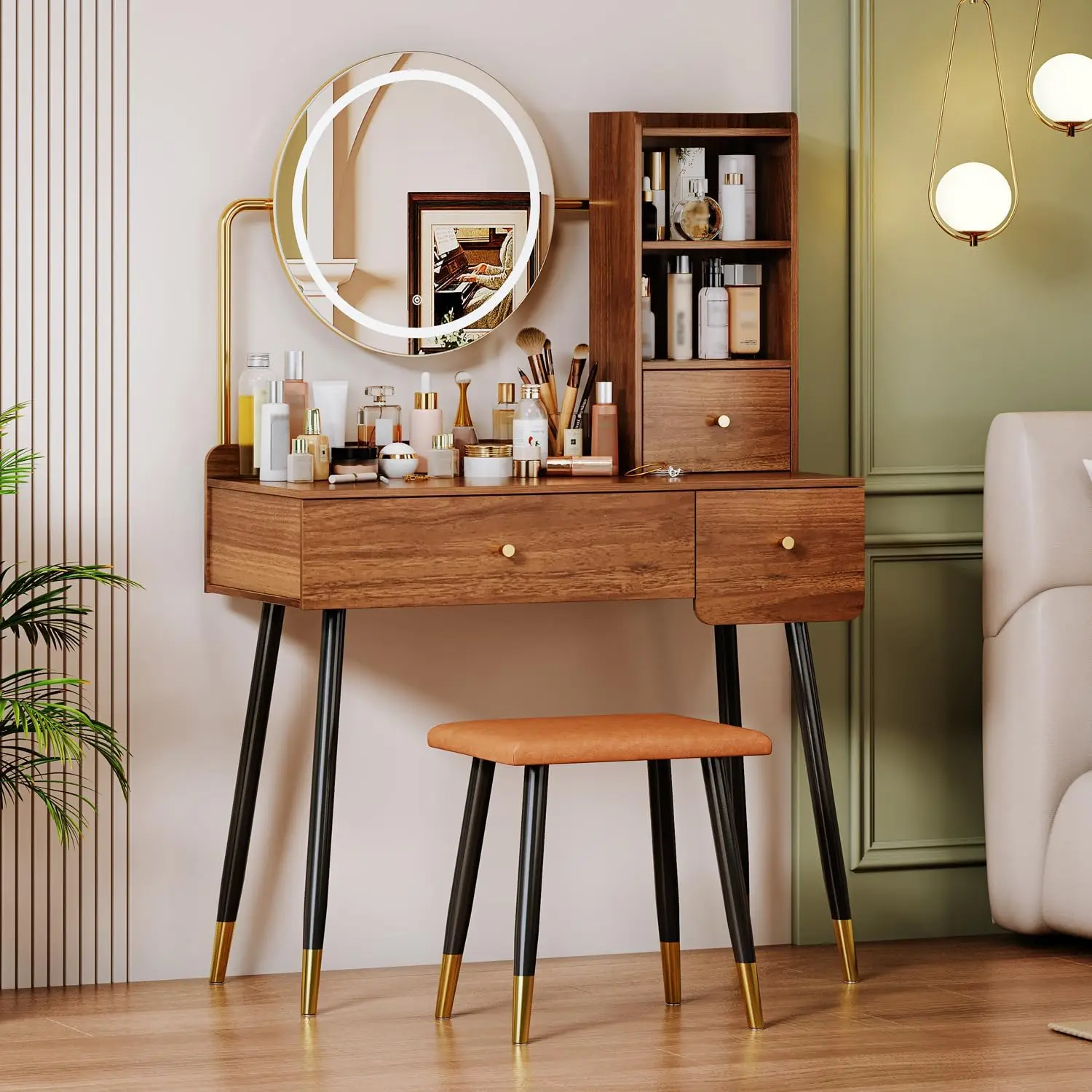 Vanity 35" W, Vanity Desk with Round Mirror and Lights, Brown Makeup Table with Chair, Open Compartment