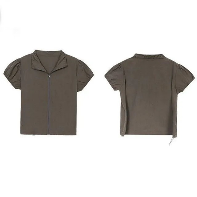 Women'S Clothing Sales New Street Retro Top Camping Style Thin Zipper Stand Up Neck Short Sleeve Sun Short T Shirt Instagram Y2k 5