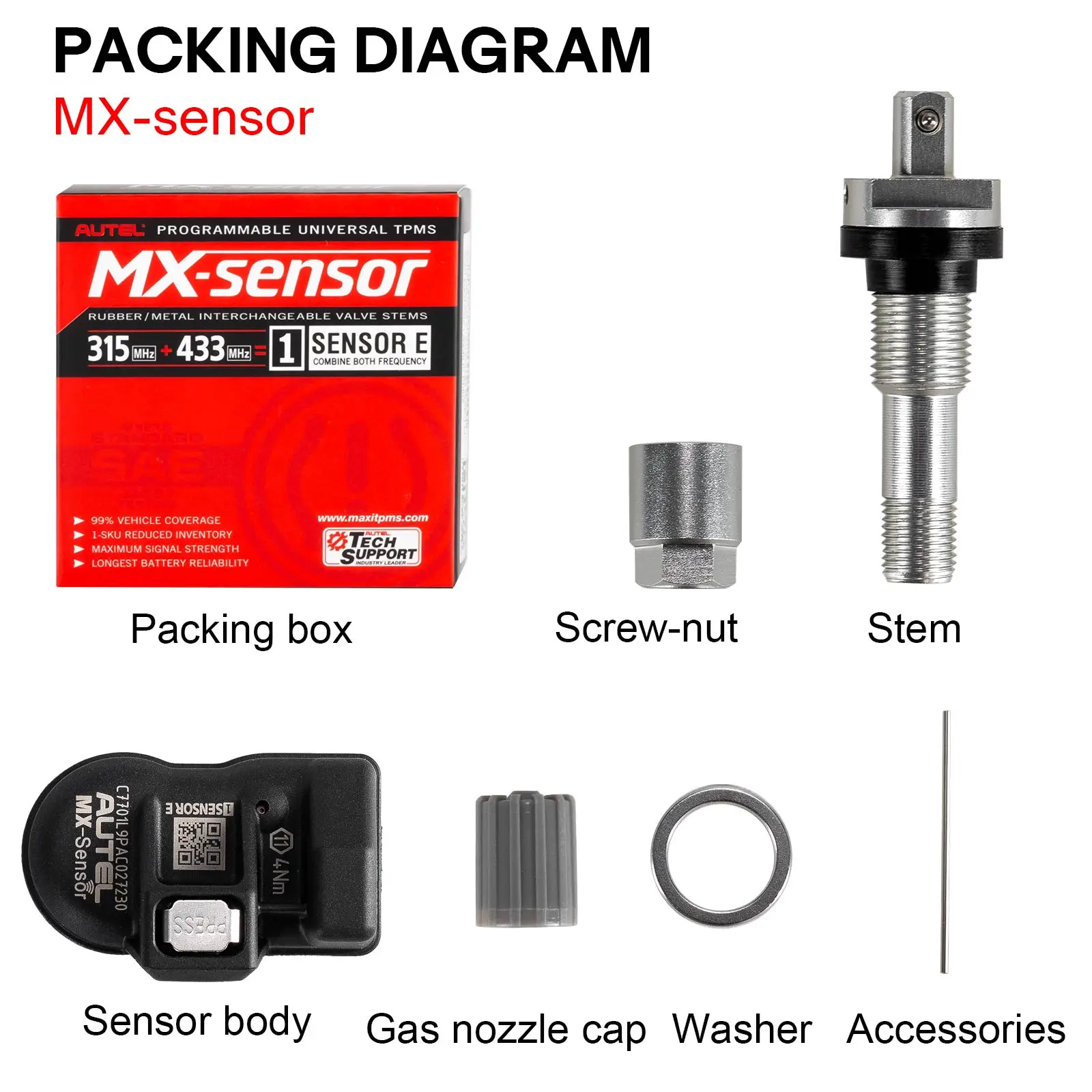 Autel MX , α׷   Ÿ̾ з ͸ ý, 2 in 1 TPMS , 433MHZ, 315MHZ, 4PCs