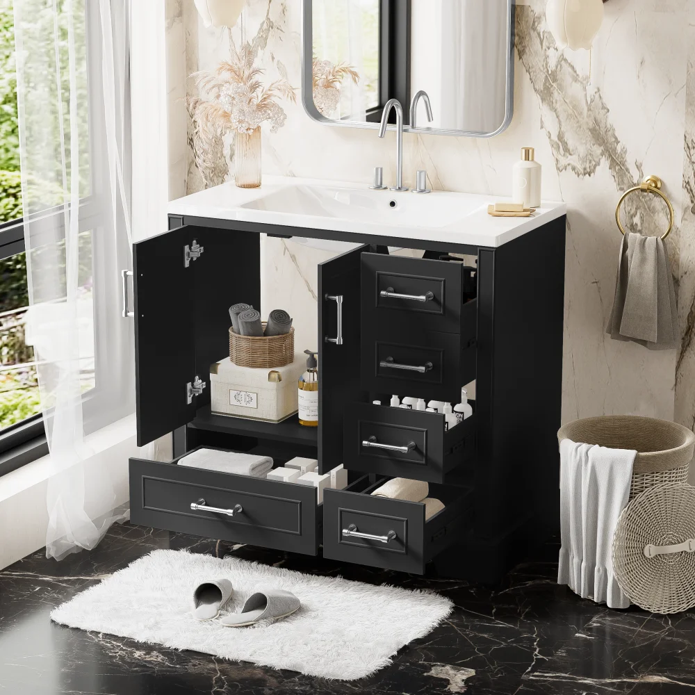 36 Inch Traditional Bathroom Vanity with Resin Sink Combo Set, Blue Bathroom Cabinet with Two Doors and Four Drawers 5