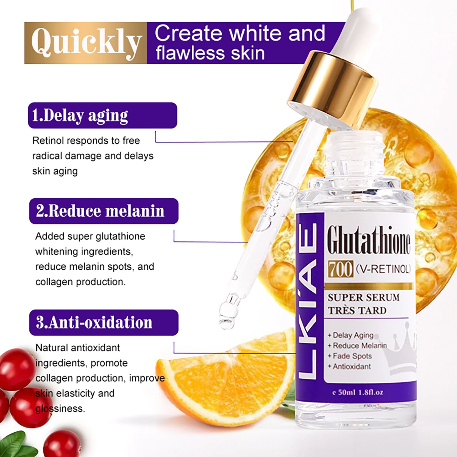 LKIAE Glutathione Whitening Face Serum, Remove Melanin, Dark Spots, Chloasma, With Retinol, Niacinamide, For All Skin Types