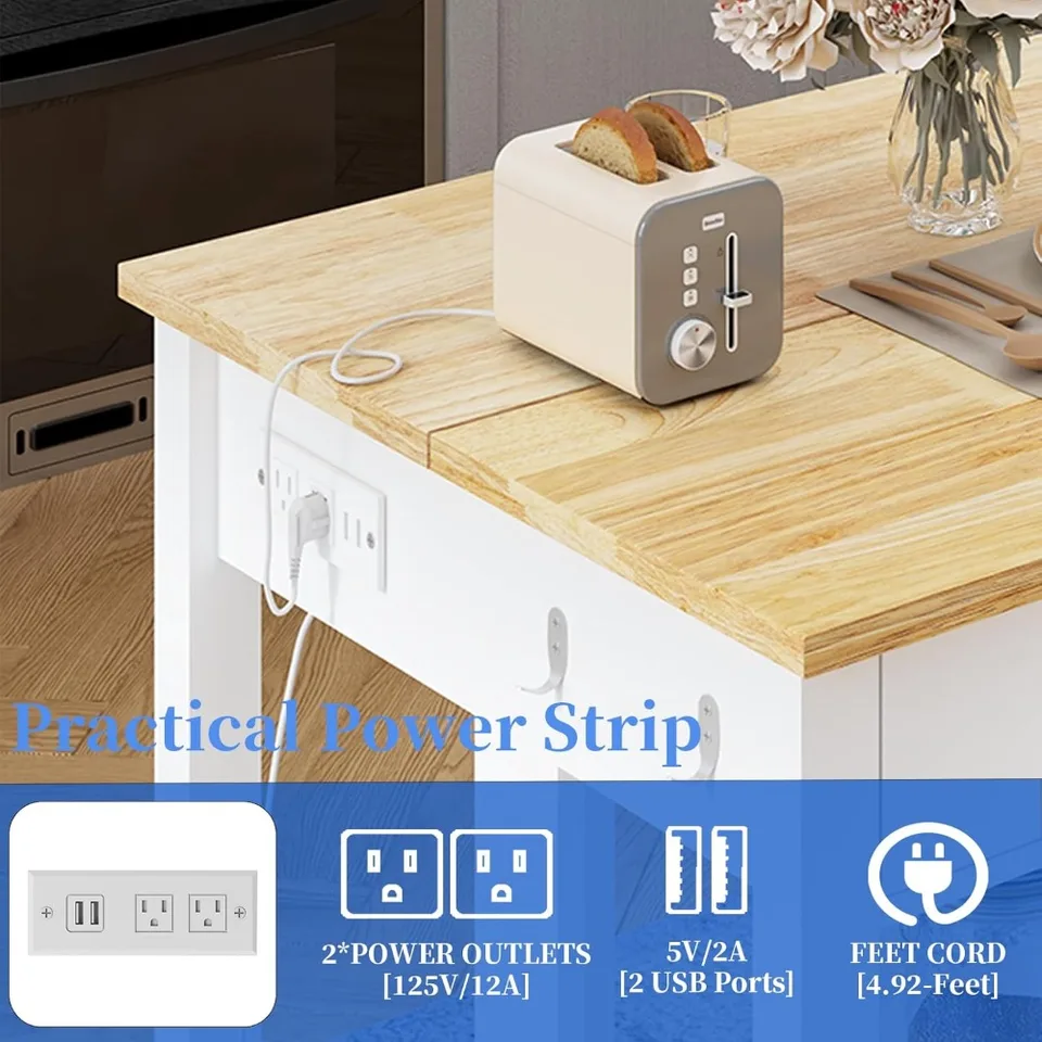 Solid Rubberwood Kitchen Island with Power Outlets