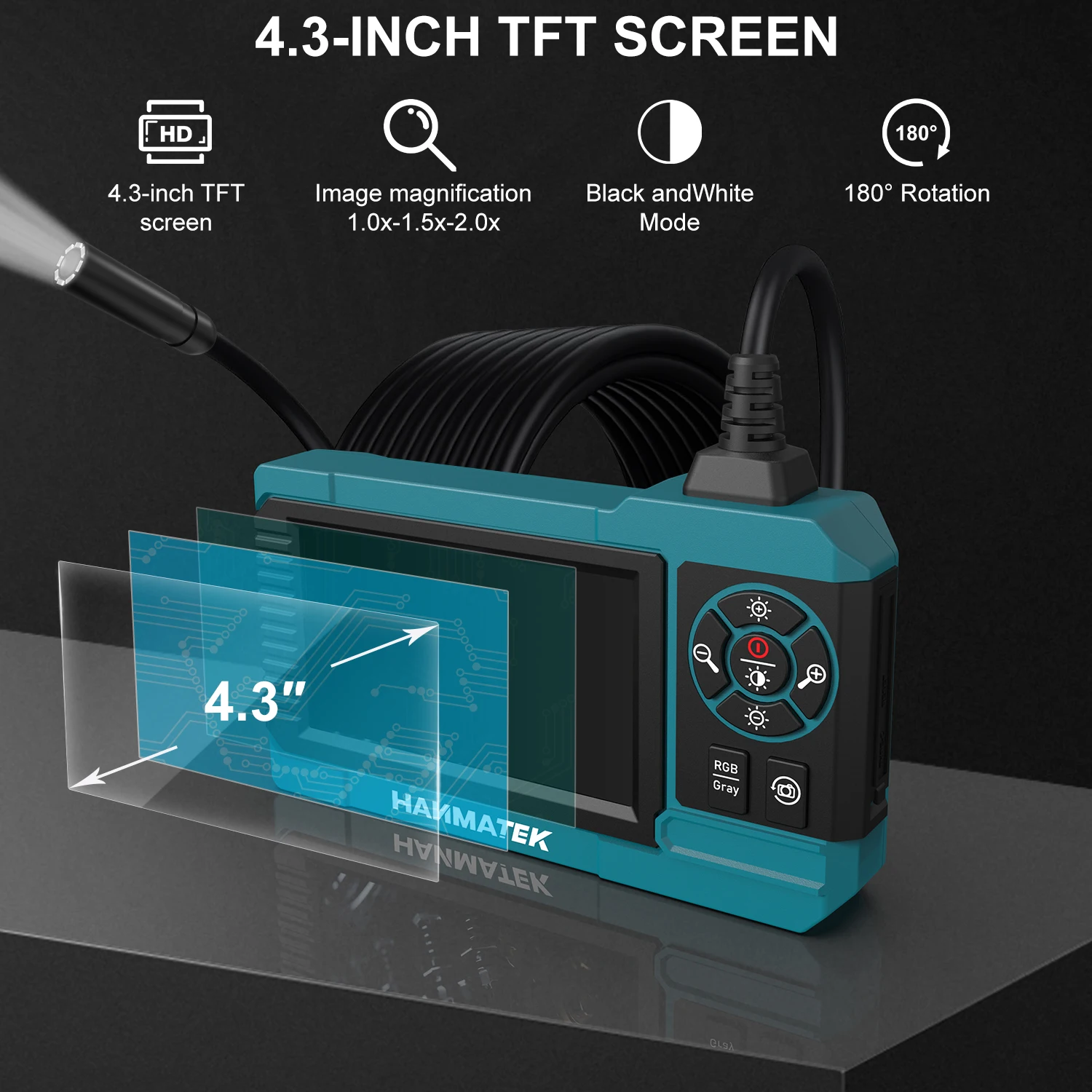 Hanmatek Telecamera per endoscopio industriale Schermo da 4,3 pollici HD1080P IP67 Periscopio di ispezione con 8 luci a LED impermeabile per riparazione auto tubi - immagine 4
