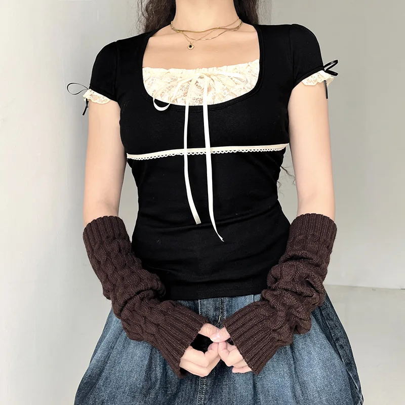 wishcore grunge coquette y2k レイヤード　ニット Women Fairy Grunge Y2K Shirts Lace Patchwork Tops Coquette