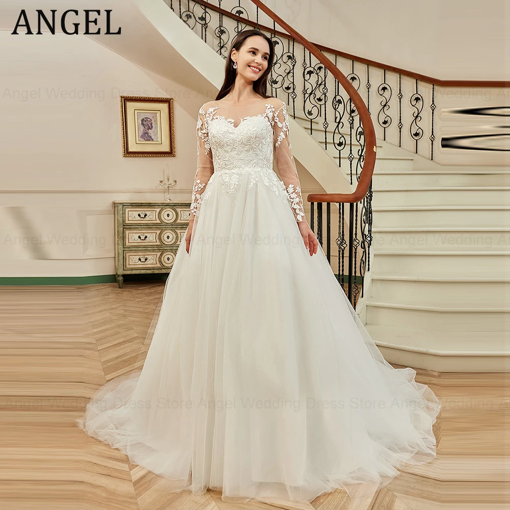 

ANGEL Elegant Long Sleeve Wedding Dress Scoop Illusion Back A-Line Applique Bridal Gowns Tulle With Sweep Train Plus Size