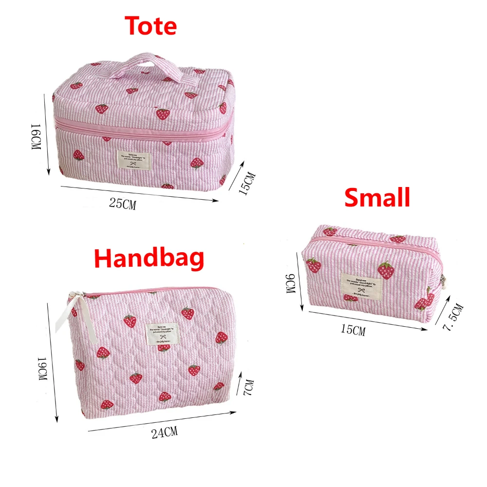 Pink Strawberry Women Cosmetic Quilted Bag Portable Travel Organizer Toiletry Makeup Storage Pouch Handbag Ladies Zipper Bag