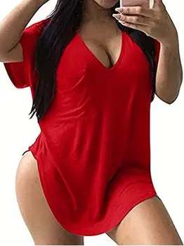 Plus size women's solid color V-neck T-shirt with asymmetrical hem 1