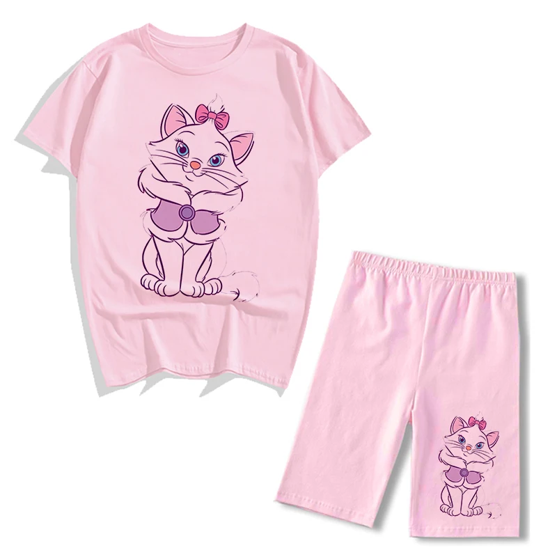 two piece sets Summer Fashion Disney Marie Cat Print Two Piece Set Women Tracksuit Casual Short Sleeve T Shirts And Biker Sports Shorts Outfits sweatpants set