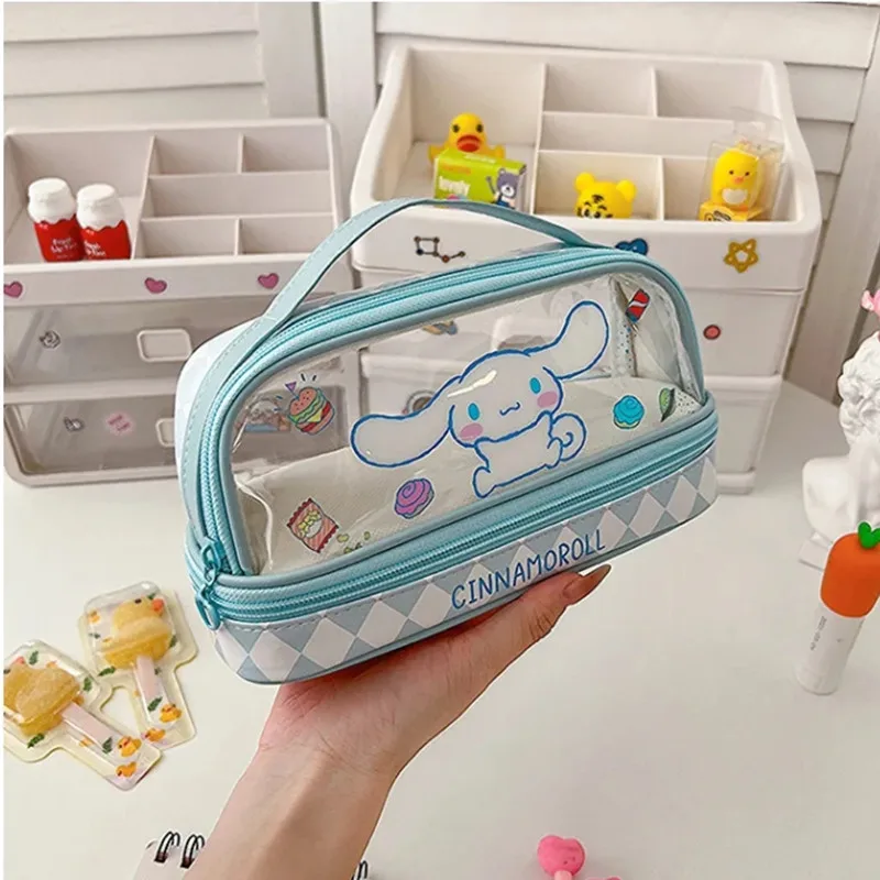 Kawaii Cartoon Kuromi Large Capacity Transparent Double Layer Pencil Case Cartoon Cinnamoroll Stationery Pen Bag pencil case pen pencil case