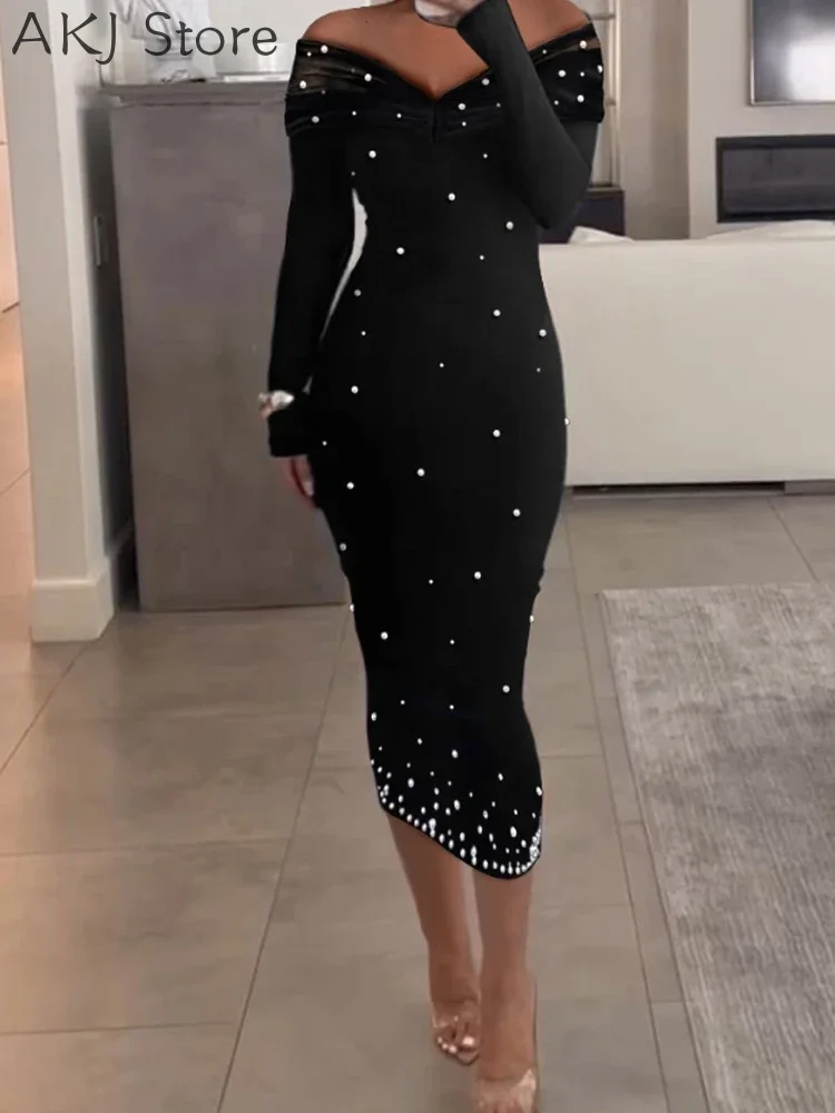 

Women Off Shoulder Long Sleeve Beaded Party Dress