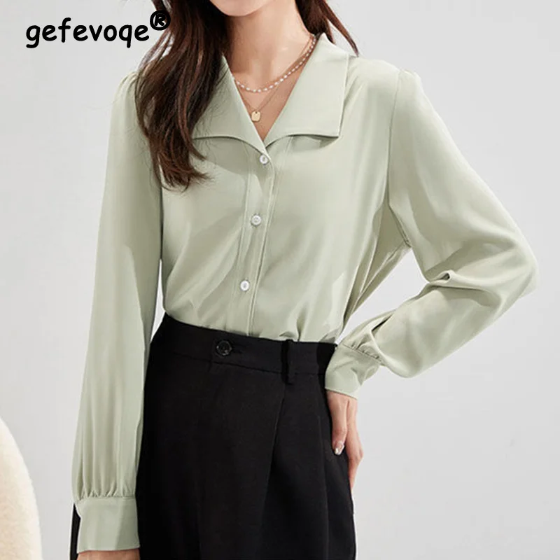 2023 Autumn New Korean Edition Solid Color Blouses Versatile Loose-fitting Long Sleeve Turn-down Collar Button Chiffon Shirt