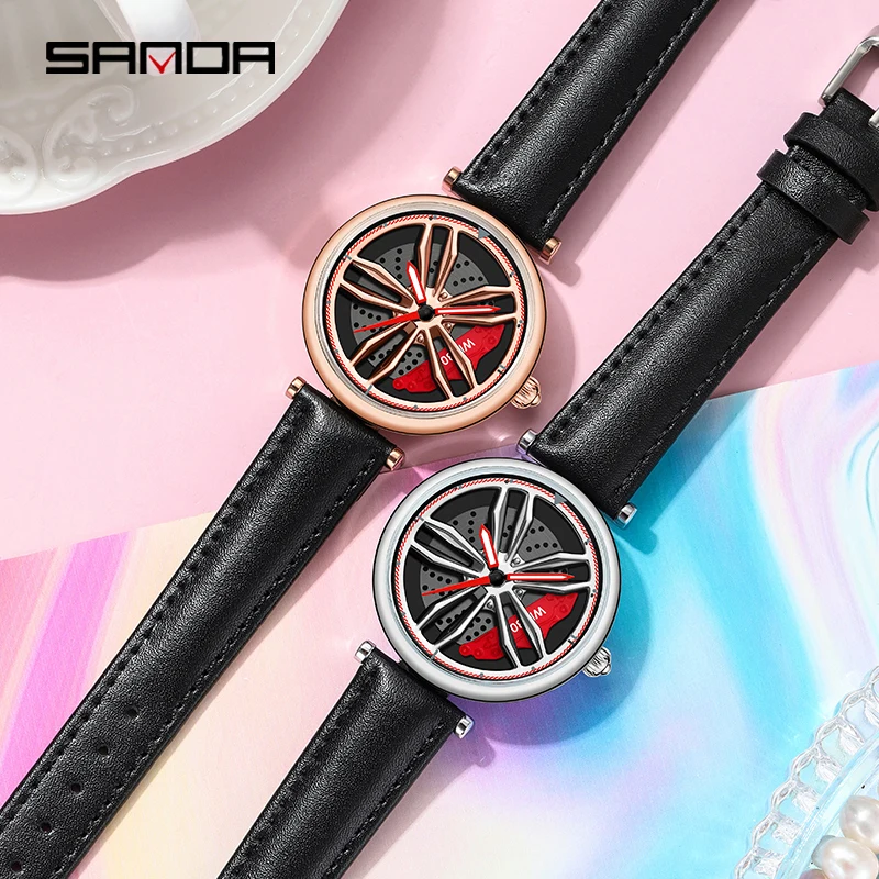 SANDA Outdoor Sports Women Quartz Watches 2023 New Racing Watch 360° Rotating Dial 30M Waterproof Genuine Leather Strap Women