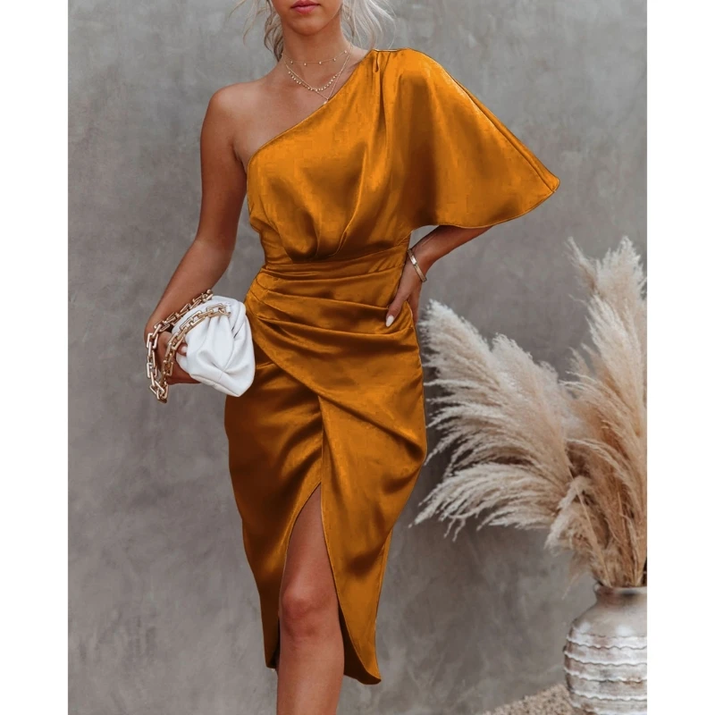 Womens Satin One Shoulder Batwing Sleeve Ruched Bodycon Midi Long