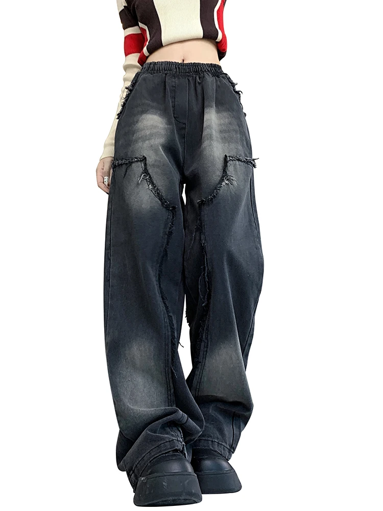 Baggy Cargo Jeans Boyfriend High Waist Wide Leg Looe Casual Tassel Gradient Color Black Denim Pants Straight Trousers Women