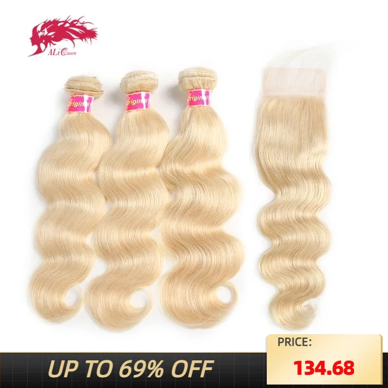 

Ali Queen Hair 613 Blonde Bundles With Closure Brazilian Body Wave Human Remy Hair Bundle With Frontal Free Part 130% Density