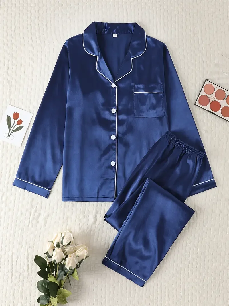 Women Autumn Winter Silk Pajamas Set Casual Soft Breathable and Relaxed Fit Long Shirt Tops and Long Pants Sleepwear
