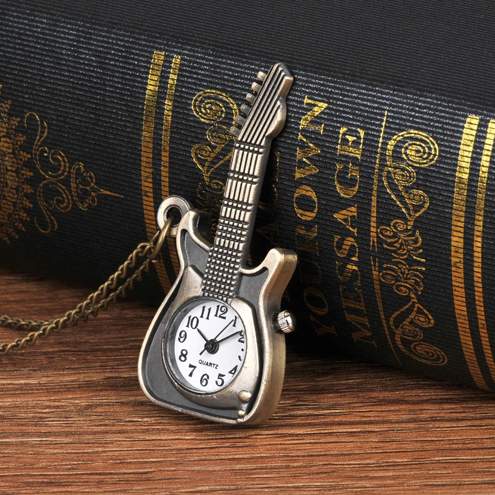 Small Lovely Guitar Pocket Watches with Necklace Chain Pendant Bracelet Numbers Pocket Watches Gift For Birthday Anniversary