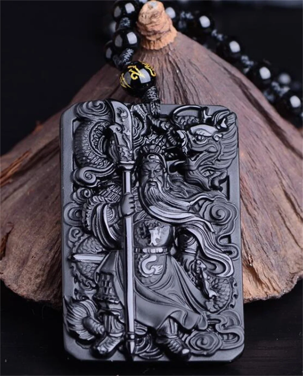 Chinese Handwork Natural Black Obsidian Carved Sword GuanGong Lucky Amulet Pendant + Beads Necklace Vintage Fashion Jewelry Gift pendant necklace