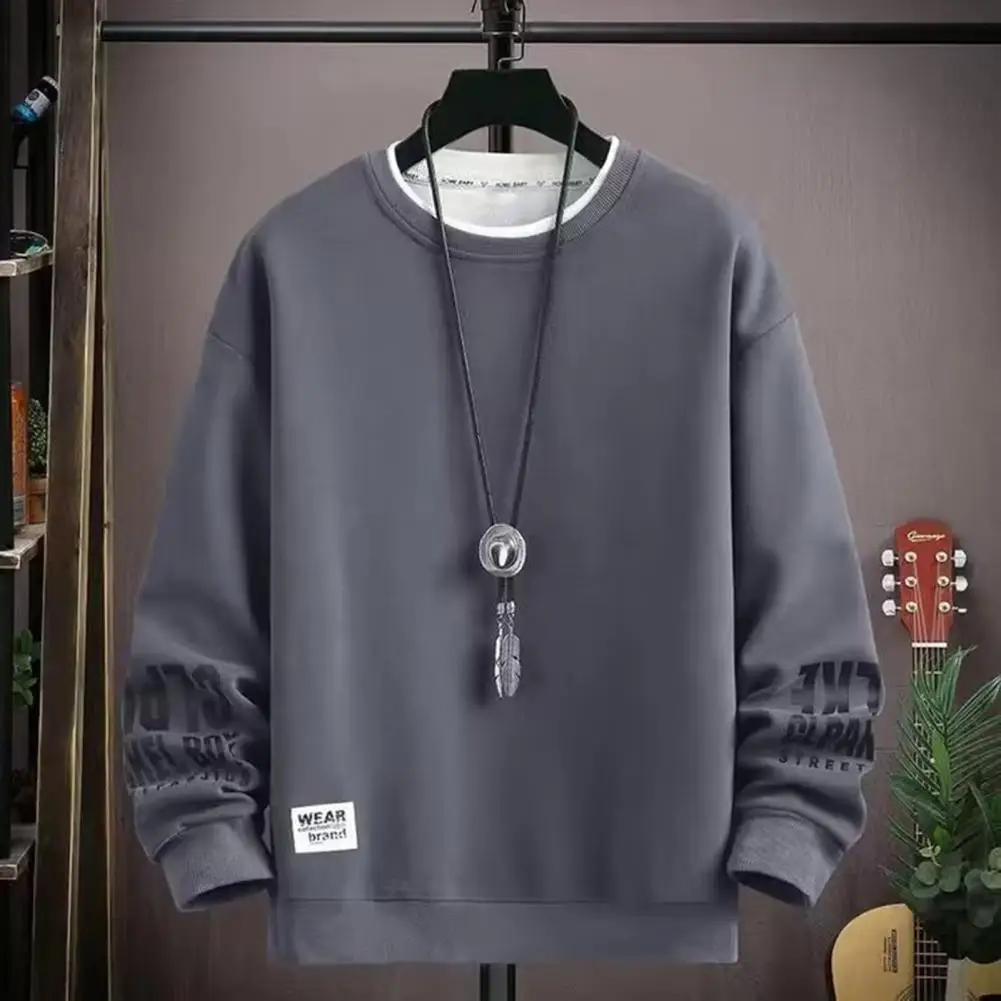 Fall Winter Men Sweatshirt Round Neck Loose Mid Length Thick Sweatshirt Elastic Cuff Fake Two-piece Men Top