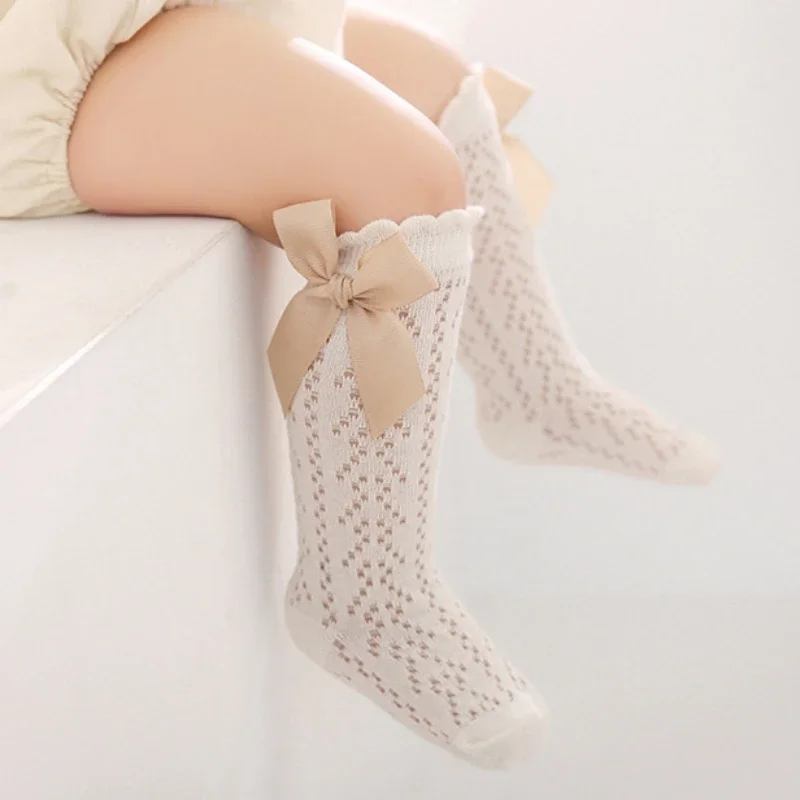 Baby Knee High Socks Kids Girls Boys Bow Long Sock Soft Cotton Mesh Breathable Children Hollow Out Socken for 0-3 Years Old 4