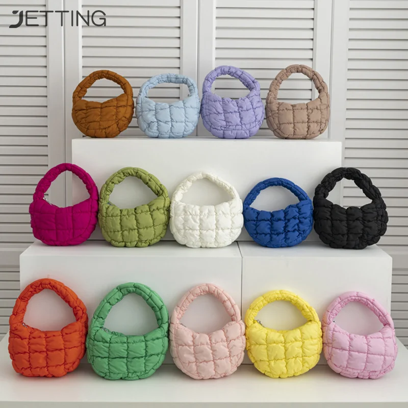 

Fashion Mini Puffer Tote Bag Quilted Circle Phone Purse Elegant Purple Soft Nylon Padded Key Pouch Simple Trend Handbag