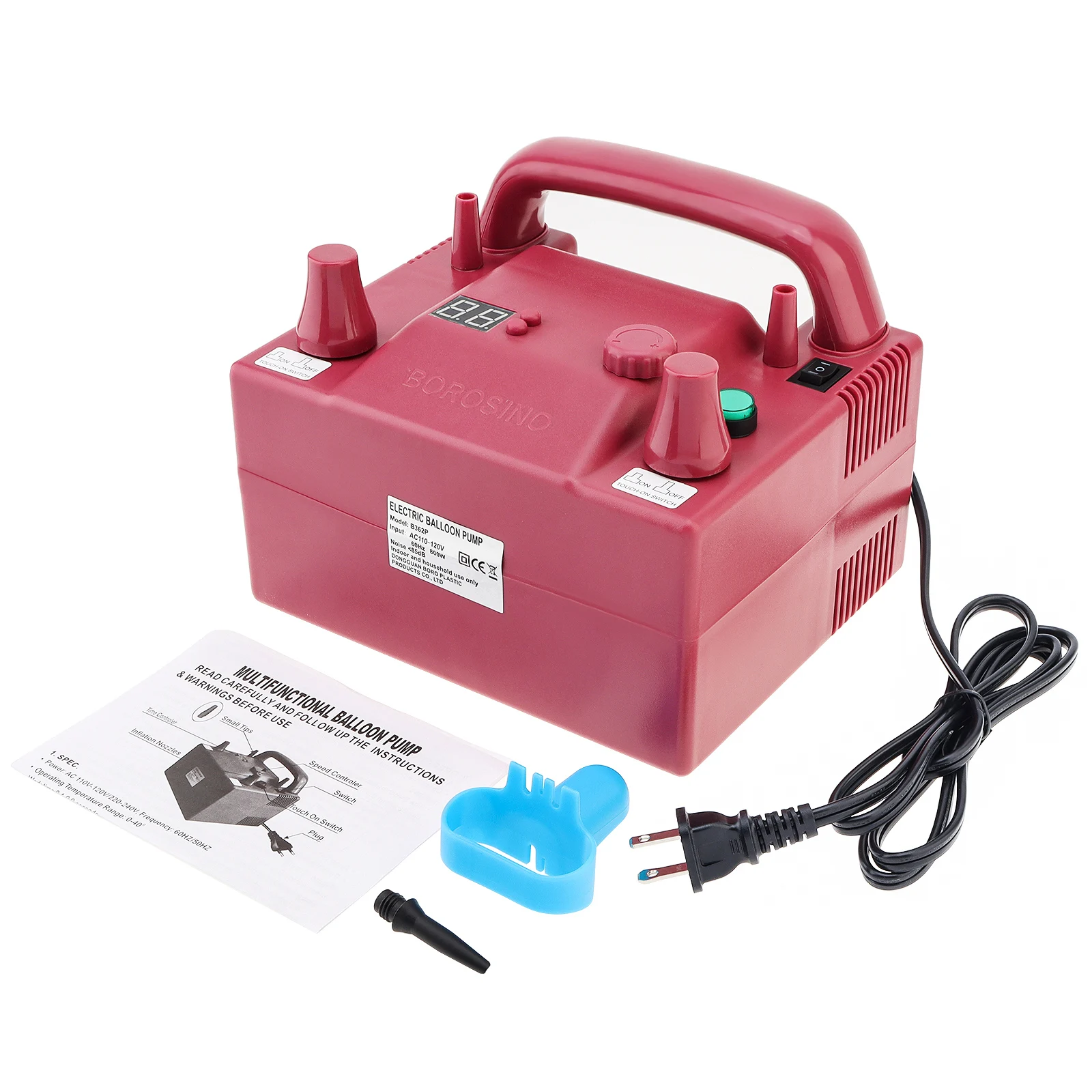 BOROSINO 600 W/800 W B362P B302P Timing Quantitativer elektrischer Ballonpumpen-Inflator für Festival/Party mit 2 Inflationsdüsen