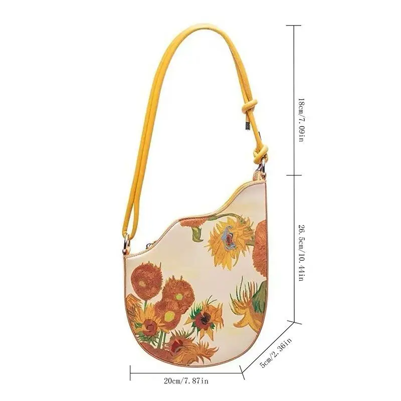 Retro Sunflower Rope Knot Shoulder Bags Women Yellow Oil Painting Leather Wave Edge Handbag Ladies Fashion Niche Underarm Bag