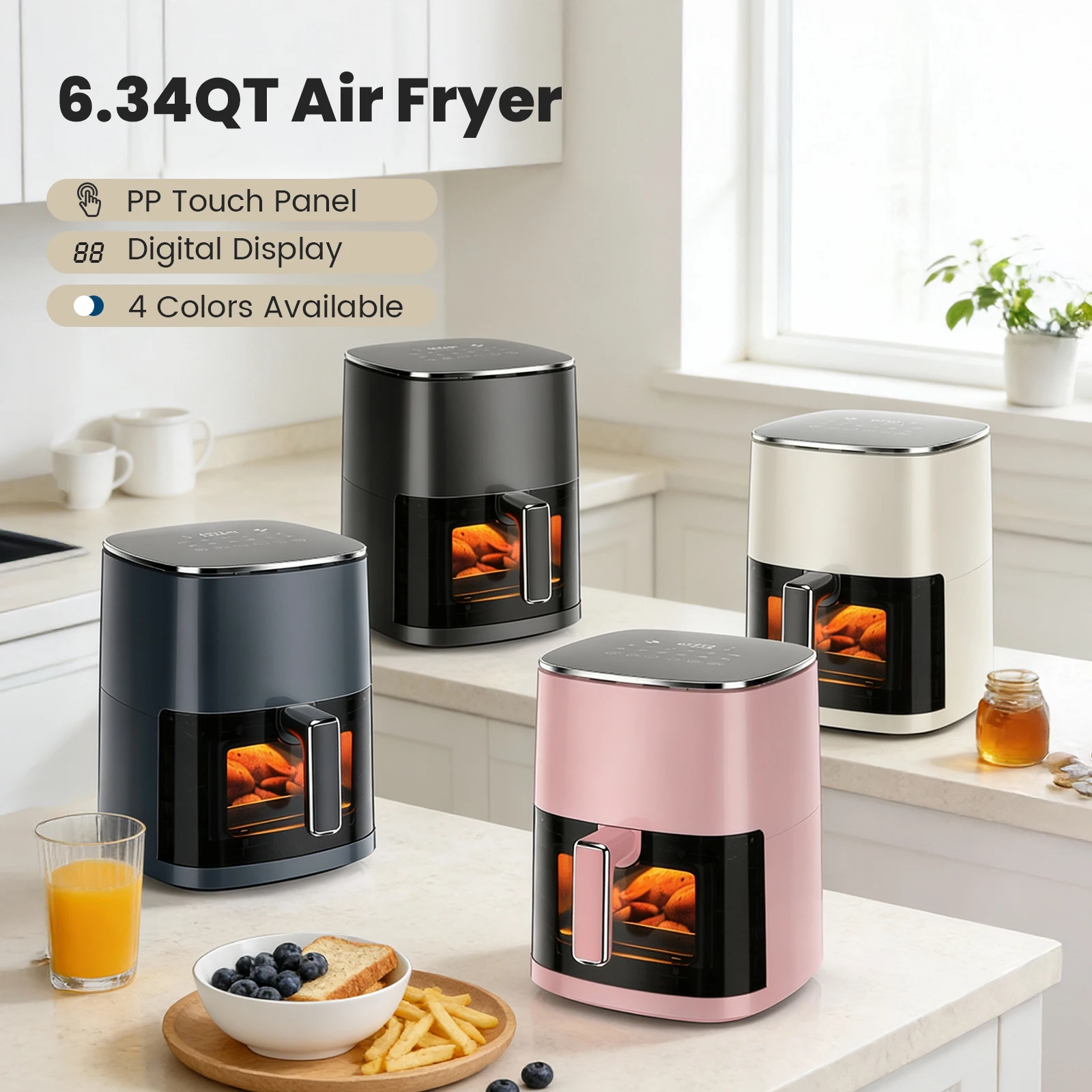 JHK 6 Quart Electric Air Fryer with Window Square Air Fryer 400F 12-in-1 Air Fry Roast Reheat Dehydrate Fries Custard Chicken Vegetabels and Keep Food Warm 4